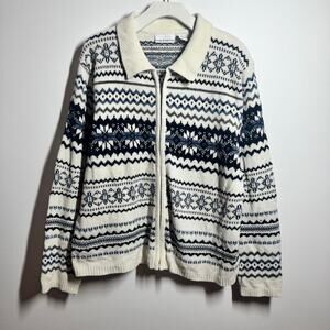 Croft & Barrow Jacket Women XL White Blue Fair Isle Full Zip Long Sleeve Sweater